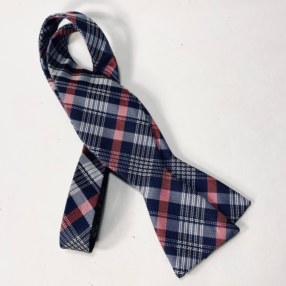 Ben Sherman Blue White Pink Plaid Adjustable Bow Tie Bowtie